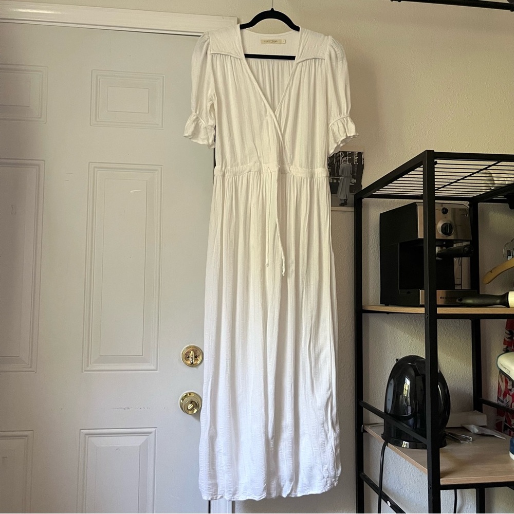 CHRISTY DAWN white gauzy short puff‎ sleeve surplice neck midi maxi dress